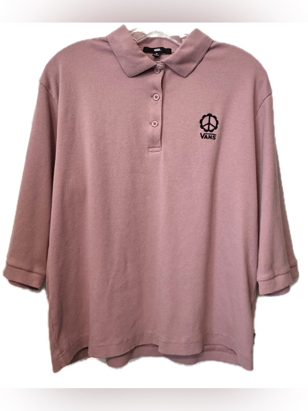 Vans Dusty Pink Oversized Polo Shirt Peace Sign Logo Relaxed Skatecore Y2K M